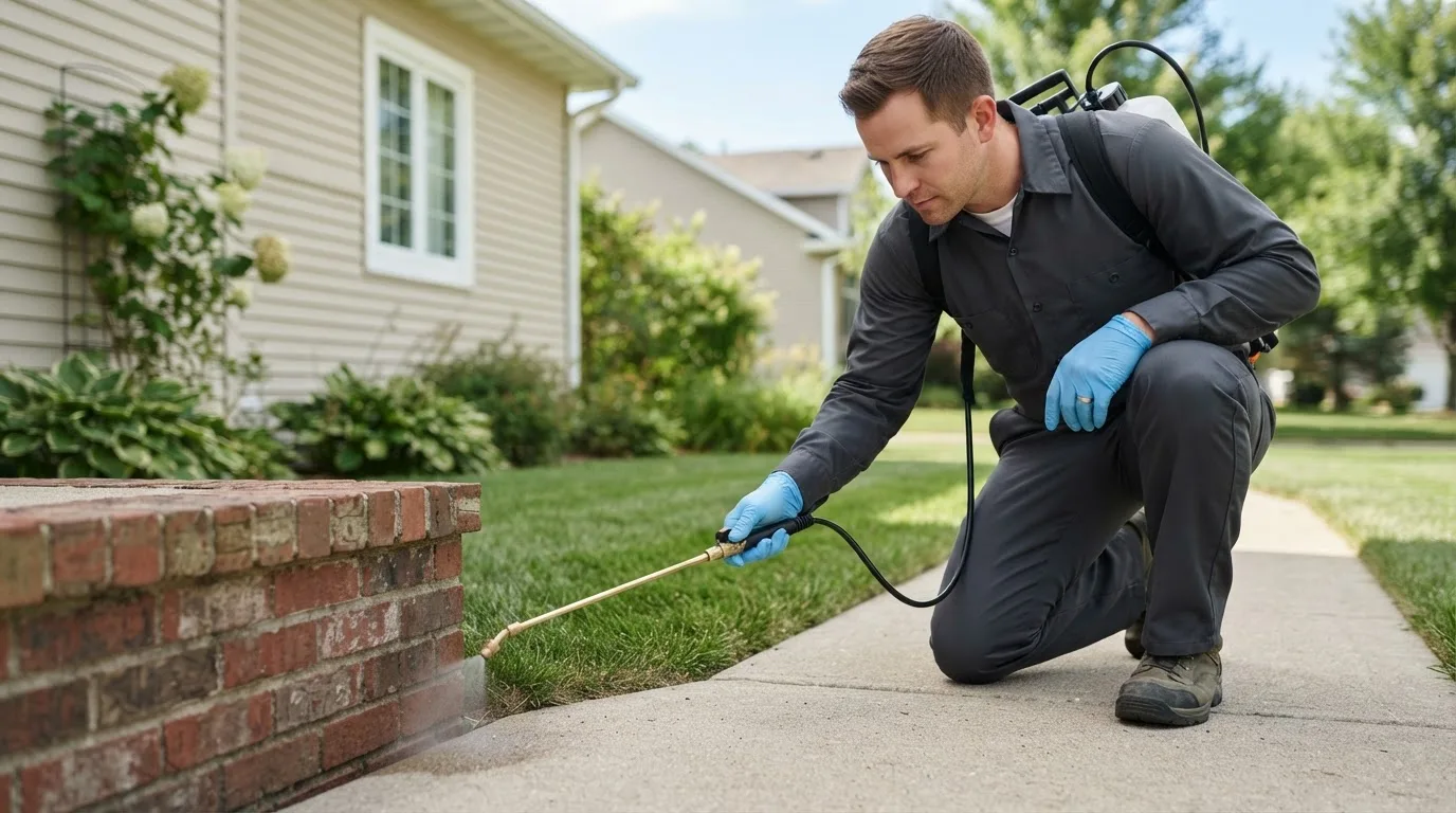Pest control technician treating a home near Huntsville, TX