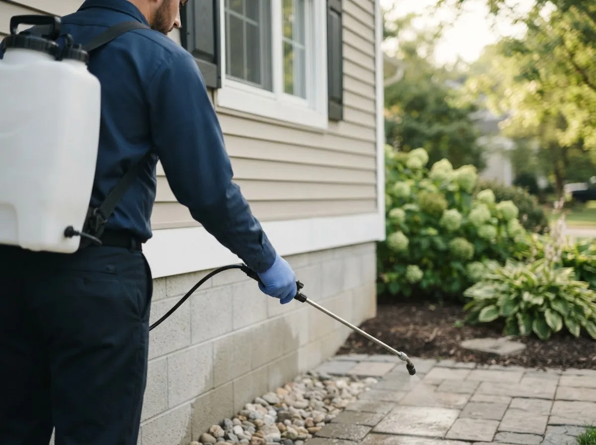 Pest control technician inspecting a home in Huntsville, TX